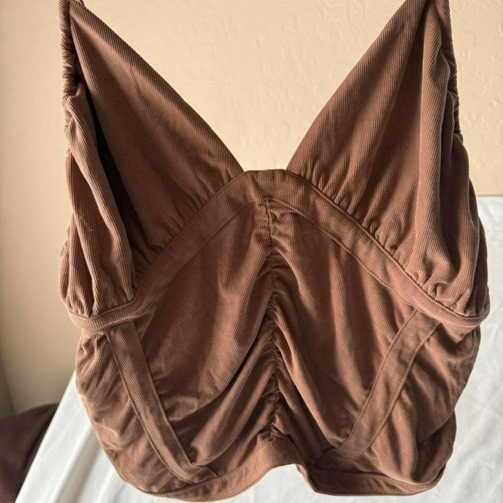Urban Outfitters Ruched Cami Top Womens XL Brown‎ Ribbed Spaghetti Strap